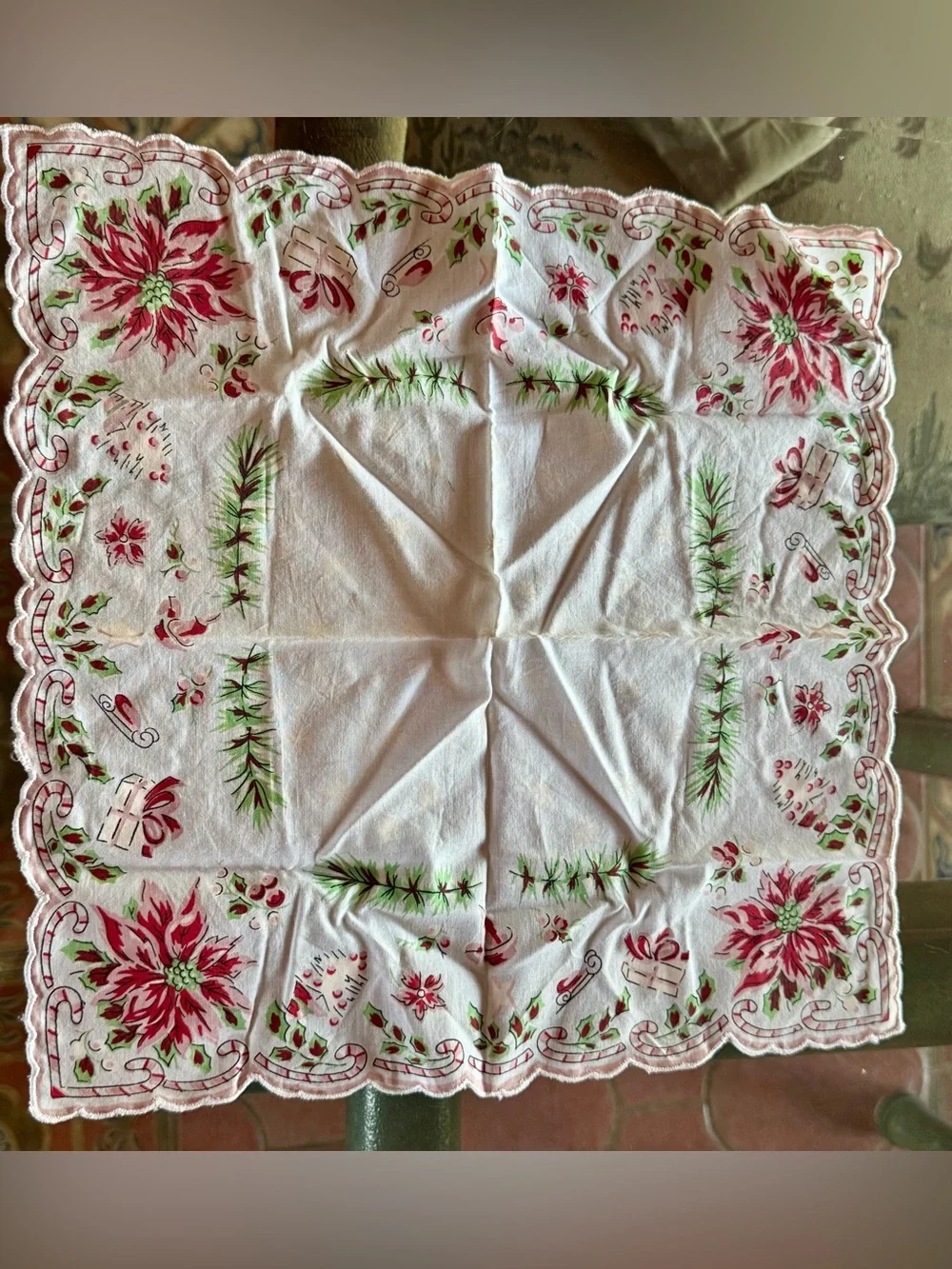 Vintage MidCentury Holiday poinsettia Hankie And 1980 Stencil Fabric Panel Nice
